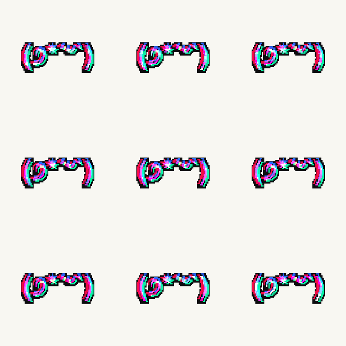 A 3x3 grid pattern on a light gray background, featuring nine identical pixel-art emoticons with blue and pink chromatic aberration effects, each depicting a face with swirling eyes and hearts.
