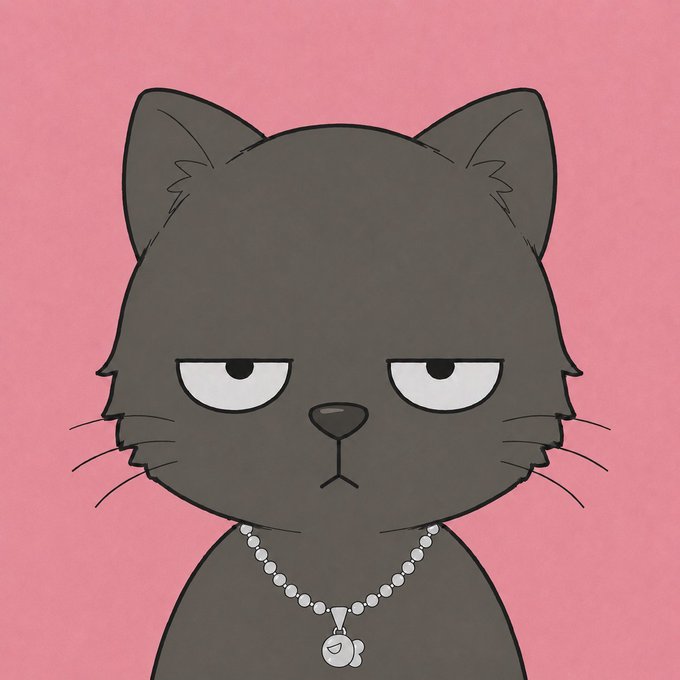 A cartoon illustration of a gray cat with a deadpan expression wearing a pearl necklace with a fish-shaped pendant, set against a pink background. The image relates to the post as it likely depicts "Machi," the new NFT cat character mentioned as a potential competitor to Michi.