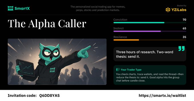 SmartX promotional card featuring "The Alpha Caller" trader archetype with stats (Conviction 70, Instinct 65, Resilience 35) and invitation code "Q6DDBYAS" for the waitlist at smartx.io/waitlist, highlighting the platform's personalized social trading app for memes, perps, stocks and prediction markets.