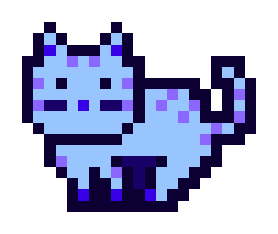 A pixel art illustration of a small blue cat with purple spots against a white background.
