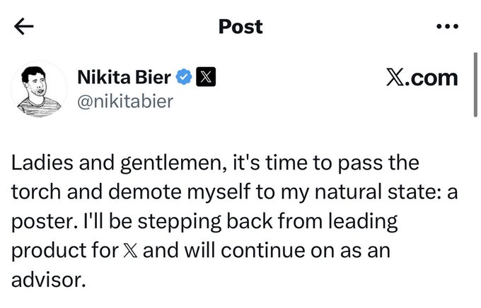 A screenshot of a post by Nikita Bier (@nikitabier) on X.com announcing he is stepping back from leading product at X to transition into an advisory role, with his signature self-deprecating humor about "demoting myself to my natural state: a poster." The accompanying commentary criticizes Bier for allegedly dismissing concerns about crypto content on the platform while blocking critics, framing his departure as a positive change for X.