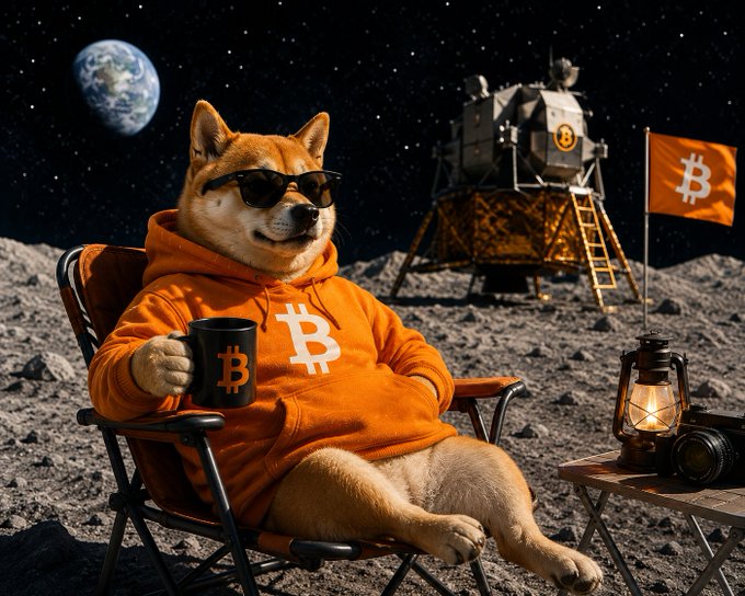 The image features a brown dog wearing an orange hoodie with "B" printed on it, sitting comfortably in a chair while holding a coffee cup. The background of the image shows a planet or moon, suggesting that this scene takes place in outer space. The caption at the bottom of the image reads "$DOG GO TO THE MOON".