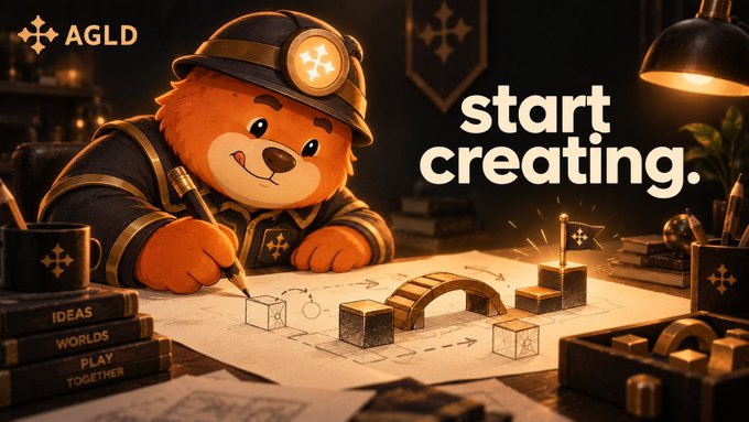 An AGLD advertisement showing a cartoon bear wearing a miner's helmet drawing blueprints, with the tagline 'start creating.' and books labeled 'IDEAS', 'WORLDS', and 'PLAY TOGETHER'.