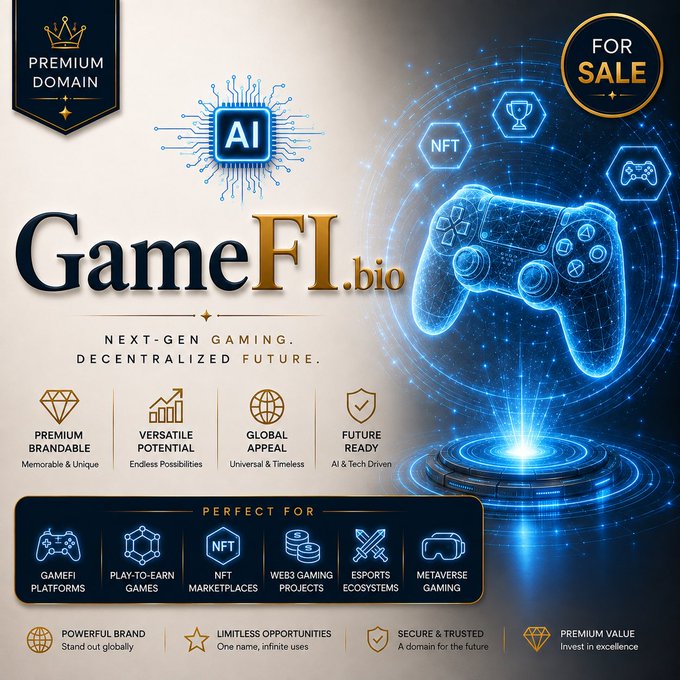 A promotional graphic advertises the domain 'GameFI.bio' as a 'Premium Domain For Sale,' featuring an AI chip and a glowing blue holographic gaming controller. It highlights 'NEXT-GEN GAMING. DECENTRALIZED FUTURE' and lists it as perfect for GameFi platforms, NFTs, and Metaverse gaming.