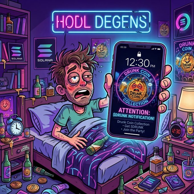 A neon-lit cartoon titled 'HODL DEGENS' depicts a hungover man in bed holding a phone showing a 'DRUNK COIN COLLECTION' notification, surrounded by Solana and crypto memorabilia.
