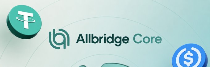 A promotional banner featuring the Allbridge Core logo with a green Tether (USDT) coin icon on the left and a blue USDC coin icon on the right.