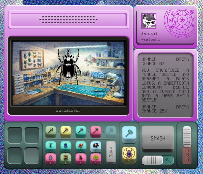 A purple-themed retro interface showing a beetle in a shop, a user named '~satoshi', and a game screen with various tools and a 'SMASH' button.