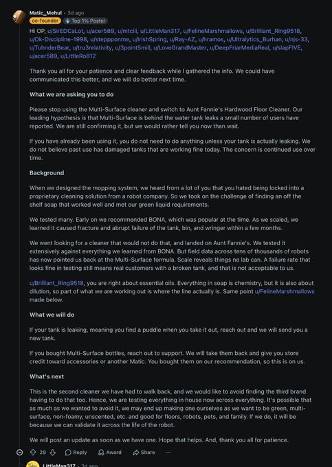 A Reddit post by "Matic_Mehul" (3 days ago, Top 1% Poster) in the r/MaticRobot subreddit titled "co-founder" explains how the company is switching from Multi-Surface cleaner to Aunt Fannie's Hardwood Floor Cleaner after acknowledging that their previous product caused tank leaks and skin irritation. The post addresses customer complaints about the proprietary cleaning solution and outlines what affected users should do, including reaching out for replacement tanks or refunds on Multi-Surface bottles.