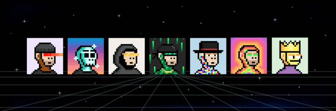 A row of seven pixel-art avatar portraits displayed against a dark starry background with a grid floor, featuring various characters including a figure with a red laser eye, a blue cyborg, a hooded warrior, a samurai, a figure in a black hat, a rainbow-colored character, and a king with a crown.