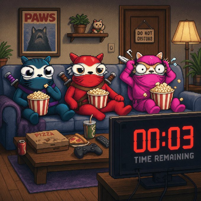 Three cartoon ninjas—one blue, one red, and one pink—sit on a couch enjoying popcorn, pizza, and a "00:03 TIME REMAINING" countdown timer in a cozy living room with a "PAWS" poster and "DO NOT DISTURB" door sign. The post's reference to a "floating can of pop" cleverly highlights the soda can appearing to hover above the coffee table beside the pizza box.