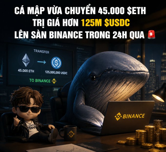 A promotional graphic with Vietnamese text 'CÁ MẬP VỪA CHUYỂN 45.000 $ETH TRỊ GIÁ HƠN 125M $USDC LÊN SÀN BINANCE TRONG 24H QUA' depicting a stylized cartoon character next to a large shark using a Binance laptop.