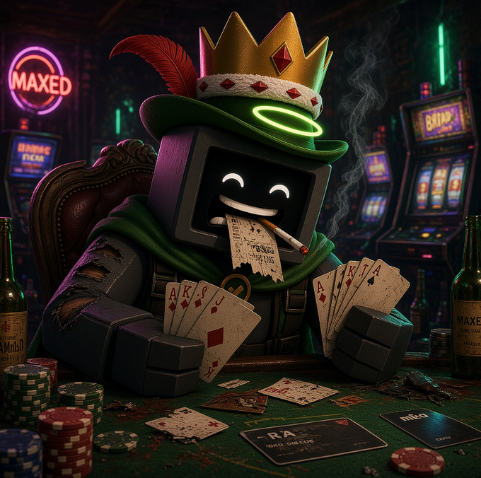 A smug anthropomorphic arcade machine wearing a golden crown and smoking a cigar sits at a poker table with a winning hand of aces and kings, surrounded by scattered cards, chips, and bottles, with "MAXED" and "BIAP" neon signs glowing in the background—visually embodying the post's theme of risky, high-stakes betting on whether ETH will go up or down in a 5-minute rapid session at printer.fun.