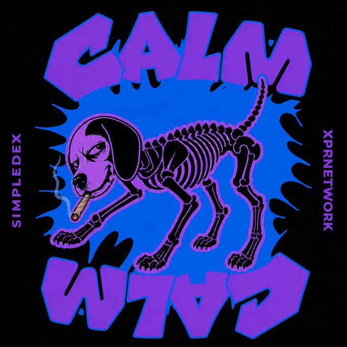 The image is a stylized graphic featuring a purple skeletal dog smoking a cigar, set against a blue splash background on black, with bold purple text reading "CALM WAGZ" (with "WAGZ" displayed in mirror/reversed lettering). Additional text on the sides reads "SIMPLED" and "XPRNETWORK." The edgy design aligns with the post's message about staying calm while trading memecoins through SimpleDEX on the XPR Network, using the "wagging" skeleton dog as a playful mascot to convey a cool, unbothered vibe while managing crypto funds in WebAuth Wallet.