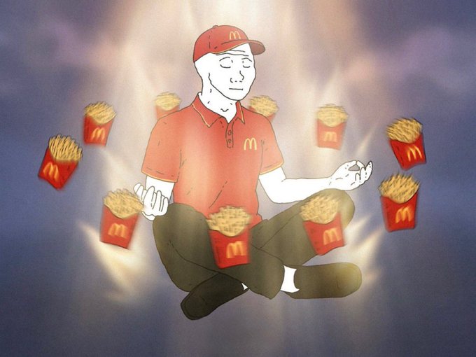 A cartoon illustration shows a man in a red McDonald's uniform and cap floating peacefully in a meditative pose, surrounded by floating containers of McDonald's french fries against a cloudy sky.