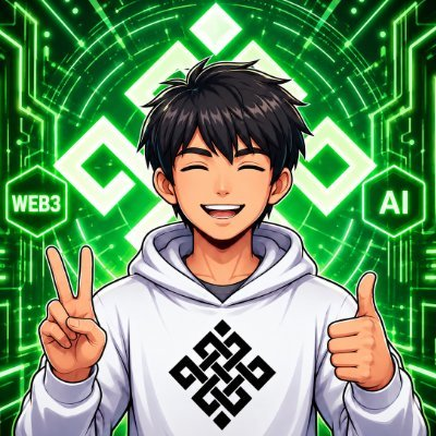 An anime-style illustration of a smiling young man in a white hoodie making a peace sign and thumbs-up, with "WEB3" and "AI" badges and green circuitry in the background.
