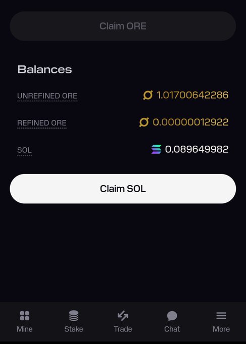 A mobile app screenshot showing the "Balances" section with 1.01700642286 Unrefined ORE, 0.00000012922 Refined ORE, and 0.089649982 SOL, along with "Claim ORE" and "Claim SOL" buttons, reflecting the poster's successful mining results after deploying 0.1 SOL to mine ORE for 21 tiles.