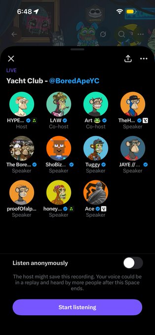 A screenshot of a live Twitter Space titled "Yacht Club - @BoredApeYC" featuring various speakers, including hosts "HYPE..." and "LAW...". The image reflects the excitement surrounding Bored Ape Yacht Club ownership mentioned in the post.