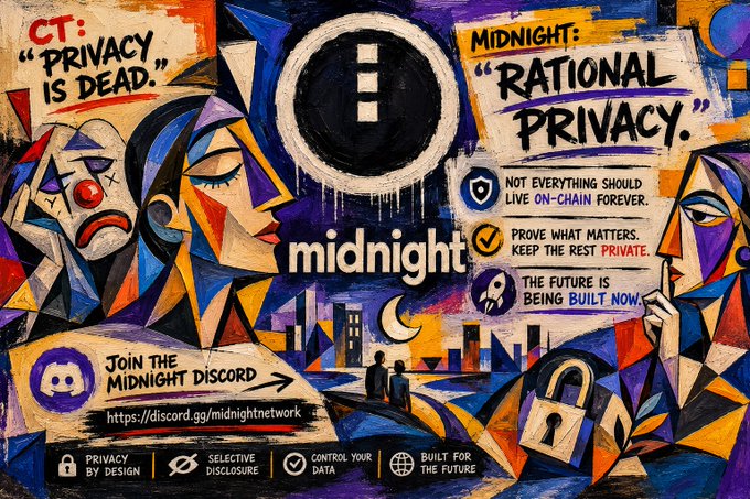 A colorful, cubist-style promotional artwork for 'midnight' contrasts 'CT: PRIVACY IS DEAD' with 'MIDNIGHT: RATIONAL PRIVACY,' listing features like 'PRIVACY BY DESIGN' and 'SELECTIVE DISCLOSURE' with a Discord invitation link.