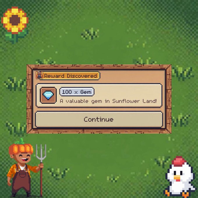 In the image, there's an old man dressed in an orange hat holding a shovel and standing next to a small chicken. The bird appears to be pecking at something near the man. The background of the image shows a garden with a large sunflower and a pumpkin. A post on social media states that it was "Day started with a pleasant gift Pumpkin Pete gave me a key as a reward after I received 100 gems from basic chest Drop rate was only 2.43%, feeling lucky". The old man's action of pecking at something near the chicken indicates he might be looking for food or exploring his surroundings, while the sunflower and pumpkin in the background add to the scene's overall atmosphere.
