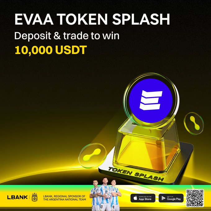 Promotional graphic for the "EVAA TOKEN SPLASH" campaign, offering 10,000 USDT in rewards for depositing and trading on LBank, featuring a glowing 3D EVAA token on a pedestal with the LBANK logo and Argentina National Team sponsorship banner at the bottom.