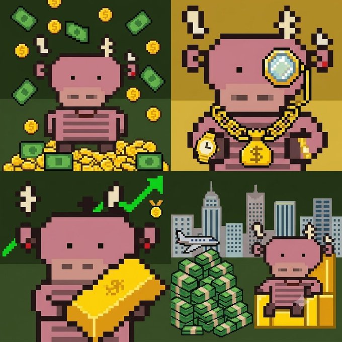 A four-panel pixel art image of a pink bull mascot surrounded by money, gold chains, and a gold bar, with the bottom right panel showing it in front of a city skyline.