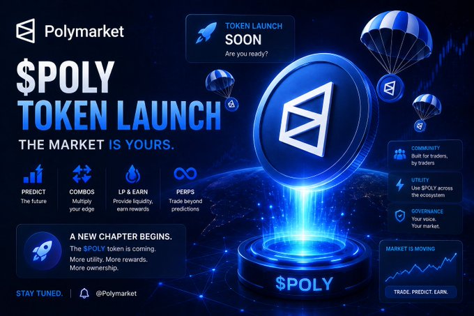 Promotional graphic for Polymarket's '$POLY TOKEN LAUNCH' featuring a glowing blue token with parachutes, icons for PREDICT, COMBOS, LP & EARN, and PERPS, with text 'TOKEN LAUNCH SOON' and '@Polymarket'.