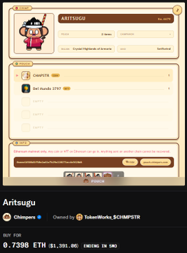 A screenshot of a digital profile page for 'ARITSUGU' showing a price of '0.7398 ETH' ($1,391.88) with options to view traits and metadata.