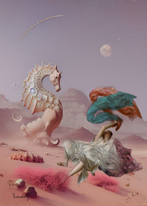 A surreal digital artwork set in a desert landscape under a starry sky with a moon, featuring a seahorse-like creature, a floating figure in flowing fabrics, pink foliage, and rocks.
