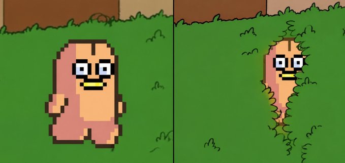 A pixel art animation showing a character wearing glasses and a robe standing in grass on the left, and partially concealed within bushes on the right.