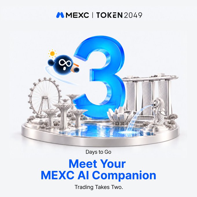 A MEXC TOKEN 2049 promotional graphic showing '3 Days to Go' with a large blue number 3, a cartoon mascot, and 3D renderings of Singapore landmarks including the Merlion, Marina Bay Sands, and the Flyer