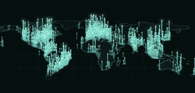 A digital visualization of a world map in glowing teal against a black background, displaying vertical light beams rising from various global locations to represent data points.