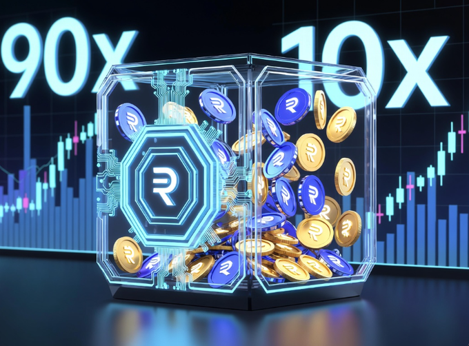 A glowing digital vault filled with stacked coins marked "R" and "D" sits before a candlestick chart background displaying "90X" and "10X" text, visually reinforcing the post's mention of earning close to one million points on @TermMaxFi by parking RLUSD stablecoins in their vault.