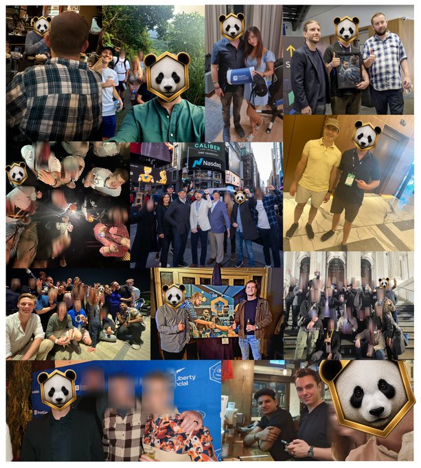A collage of various photos showing groups of people at events, with several faces covered by identical panda bear stickers.