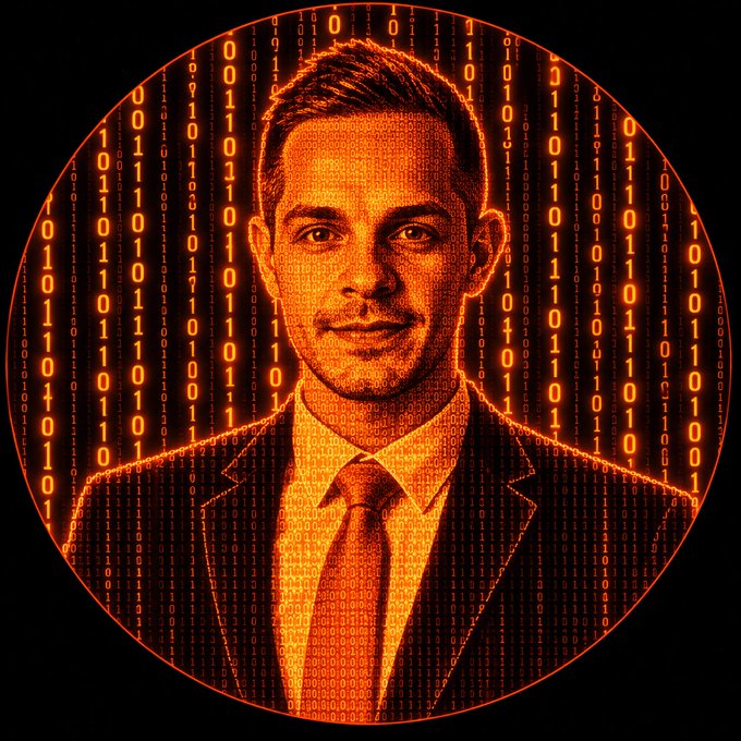 Stylized digital portrait of a man in a suit and tie rendered in orange binary code against a black background in a circular frame.