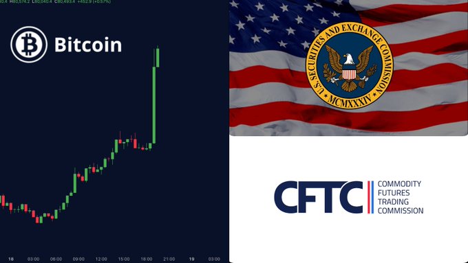 A composite image displays a Bitcoin price chart on the left alongside the SEC seal on an American flag and the CFTC logo on the right.