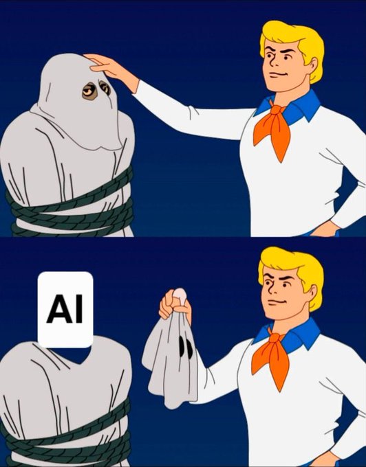 A two-panel Scooby-Doo meme where Fred pulls a ghost mask off a 'ghost' to reveal an 'AI' label underneath.