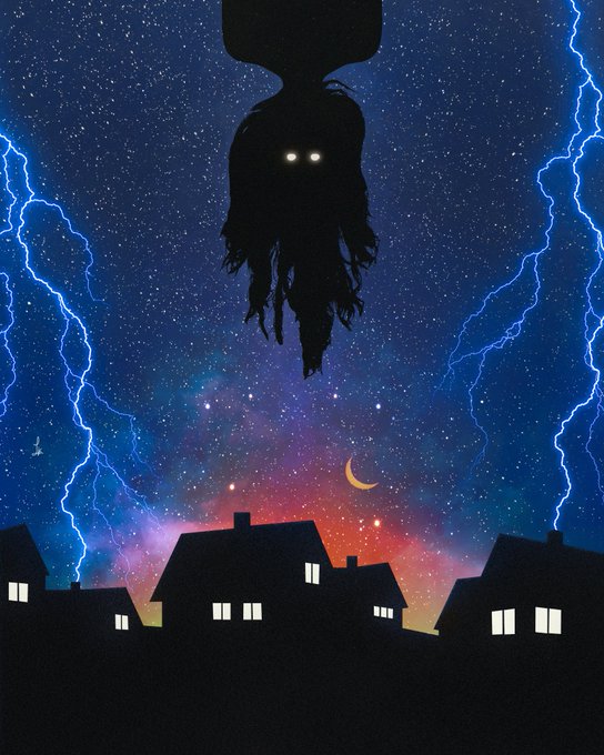 A dark, surreal digital illustration shows a shadowy figure with glowing white eyes hanging upside down from the top of the frame over a starry night sky, with lightning bolts striking on either side above a row of silhouetted houses with lit windows and a crescent moon.