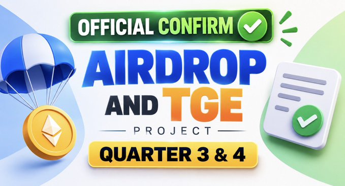 A vibrant promotional graphic features a blue and white parachute delivering an Ethereum coin alongside a document marked with a green checkmark, with bold text announcing "OFFICIAL CONFIRM AIRDROP AND TGE PROJECT QUARTER 3 & 4" — visually reinforcing the post's list of upcoming token generation events and airdrops, including DAC Testnet, ORO, Canopy, and Termix.
