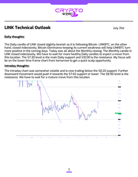 A 'Crypto With Zoe' article titled 'LINK Technical Outlook' dated July 31st, featuring a chart showing LINK's trading between $6.20 and $7.65.