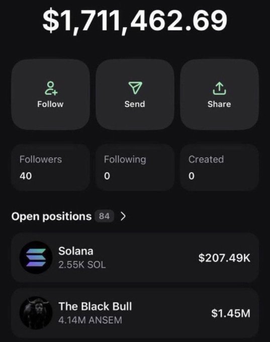 A profile screen displays a portfolio value of $1,711,462.69, with 40 followers and 84 open positions including holdings in Solana ($207.49K, 2.55K SOL) and The Black Bull ($1.45M, 4.14M ANSEM). The post's giveaway request aligns with the visible "Follow," "Send," and "Share" buttons, suggesting the account is soliciting $SOL addresses from followers as part of a contest requiring engagement.