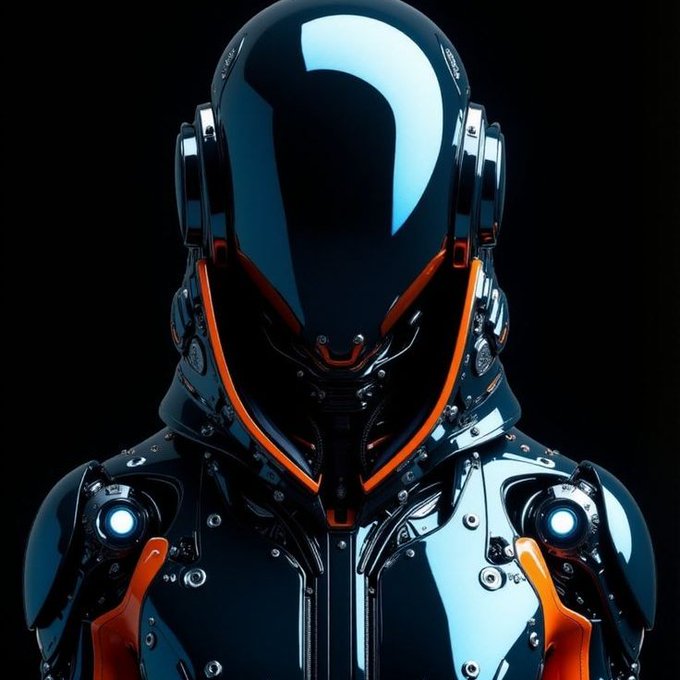 A sleek black robotic figure with glowing orange accents and illuminated blue circular ports on its shoulders, set against a dark background.