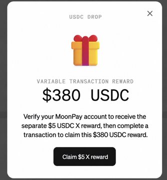 A promotional pop-up from MoonPay displayed in the "USDC DROP" section offers a $380 USDC variable transaction reward, instructing users to verify their MoonPay account and complete a transaction to claim a $5 USDC reward. The accompanying post celebrates users successfully claiming their $380+ USDC allocations, while noting that some users from unsupported countries were unable to participate.