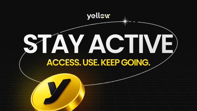 A promotional graphic for Yellow's "Stay Active" campaign featuring the tagline "Access. Use. Keep Going." with a gold coin displaying the "y" logo, celebrating the rewards distributed to over 1,350 participants for their engagement.