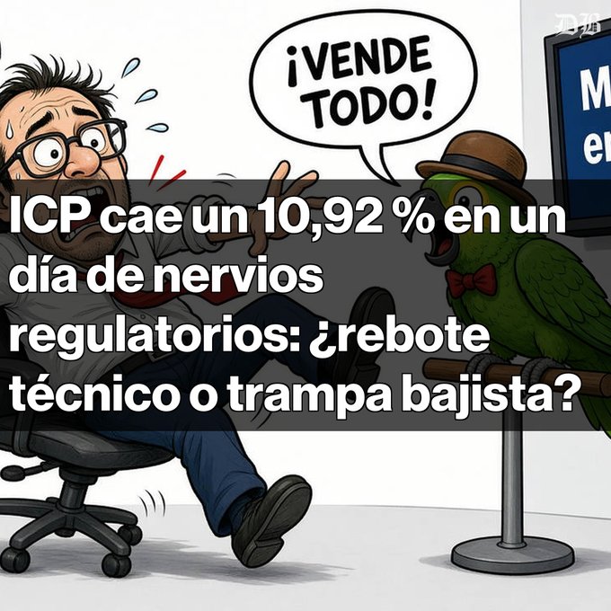 A Spanish-language crypto news graphic with an illustration of a panicked man and a parrot saying "¡VENDE TODO!" (sell everything), with text reporting that ICP dropped 10.92% in a day of regulatory nerves.