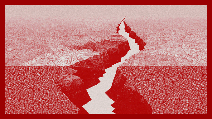 A stylized red and pink graphic with a jagged white crack or lightning bolt splitting a mountain silhouette against a textured, vein-like background.