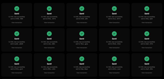 The image shows a grid of 15 transaction confirmation cards, each displaying a green checkmark with "Sent!" status and messages confirming that 0.2 SOL was successfully sent to various wallet addresses (such as F8t6..., 2SY6..., CrQN, etc.). This visually represents the post's airdrop event, demonstrating that the operator is actively distributing 0.2 SOL transactions to participants who followed the rules for the "$CASHBULL" airdrop campaign.