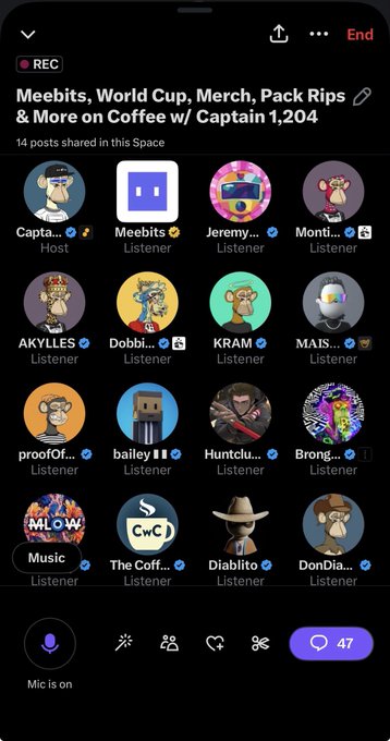A Twitter/X Spaces recording screen titled 'Meebits, World Cup, Merch, Pack Rips & More on Coffee w/ Captain' with 14 posts shared, showing various NFT avatar listeners including Captain, Meebits, Jeremy, Monti, AKYLLES, Dobie, KRAM, MAIS, proof, bailey, Huntclu, Brong, Music, The Coffee, Diabito, and DonDia, with 47 listeners and mic on.