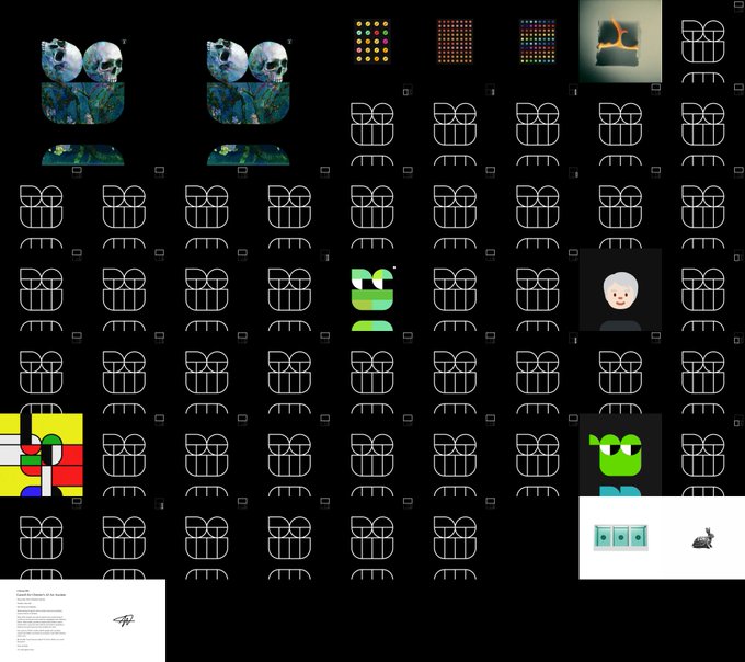 A dark digital artwork display featuring a grid of repeated plant icon designs with several colorful NFT-style artworks interspersed throughout the composition.