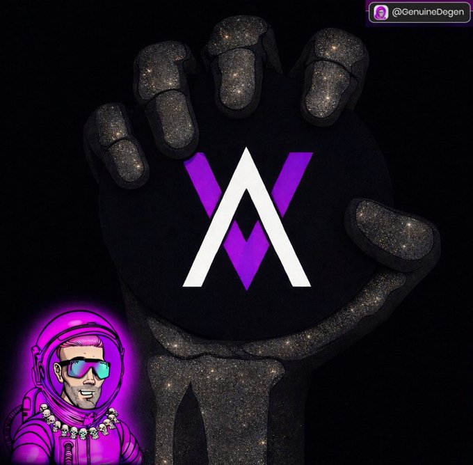 A glittery cosmic fist grips a glowing purple "V" logo for Velvet Capital, while an astronaut figure in magenta shades appears in the corner with the handle "@GenuineDegen," visually reinforcing the post's theme of seizing a powerful, all-in-one non-custodial trading terminal powered by AI.