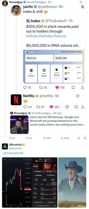 A social media feed screenshot showing a ThreadGuy post about $INDEX and $CHILL, a Netflix post, a rant video thumbnail about the White House and social media, and an Altcoinist post featuring a trading chart with a cowboy meme.